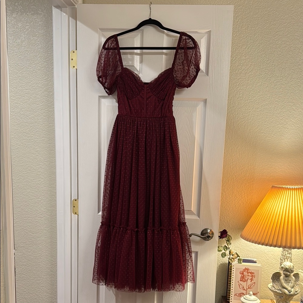 Elegant Burgundy Lace polka dot Dress